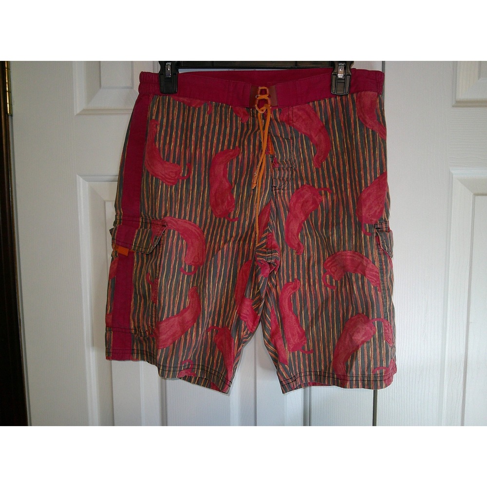 VintageBOSS Hugo Boss Chili Pepper Print Swim Trunks Orange Drawstring Medium